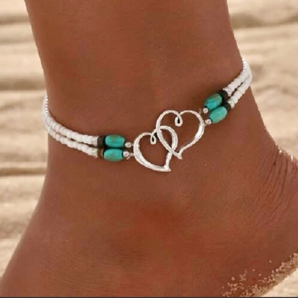 Boho Turquoise Beaded Heart Ankle Bracelet